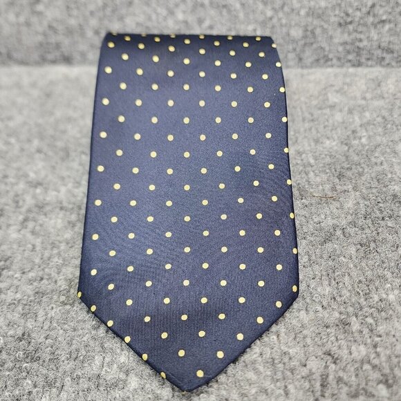 Jermyn Street London Men’s 100% Silk Necktie Yellow Polka Dot Navy Blue - Picture 1 of 8